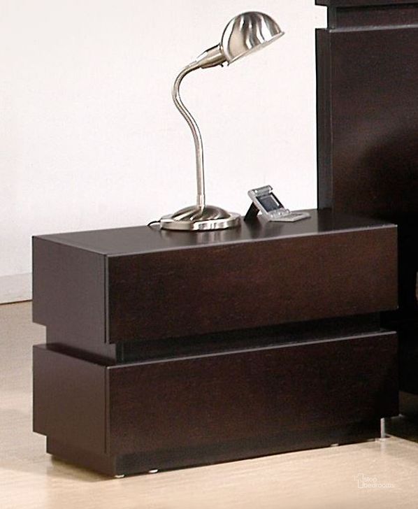 The appearance of Knotch Dark Walnut Nightstand designed by J&M in the modern / contemporary interior design. This brown piece of furniture  was selected by 1StopBedrooms from Knotch Collection to add a touch of cosiness and style into your home. Sku: 1754426-NS. Product Type: Nightstand. Image1