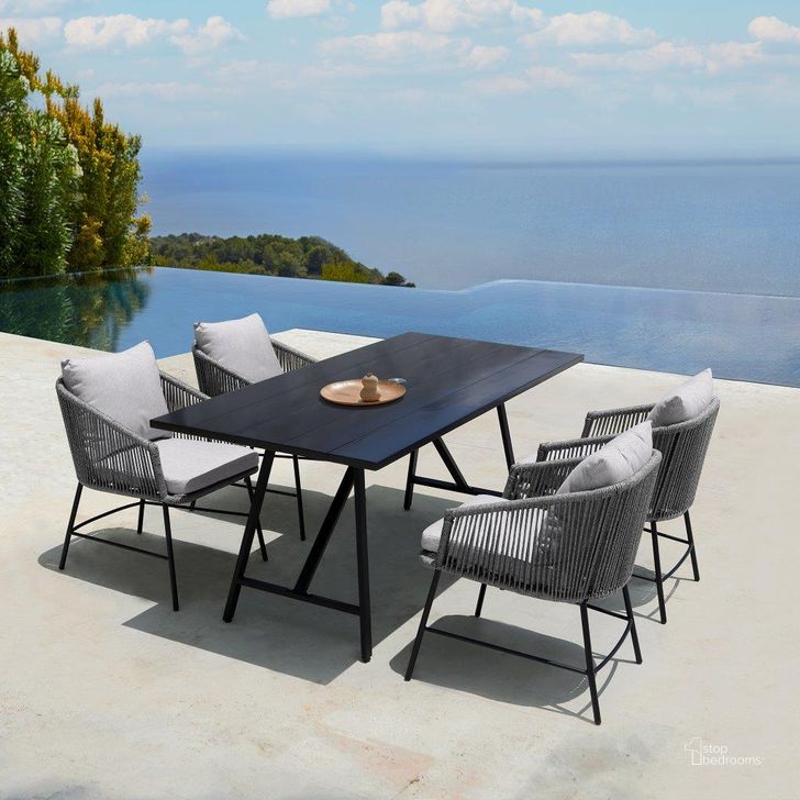 The appearance of Koala And Calica 5 Piece Dining Set In Dark Eucalyptus And Metal With Grey Rope designed by Armen Living in the modern / contemporary interior design. This grey piece of furniture  was selected by 1StopBedrooms from Koala and Calica Collection to add a touch of cosiness and style into your home. Sku: 840254332355. Table Base Style: Double Pedestal. Material: Wood. Product Type: Outdoor Dining Set. Image1