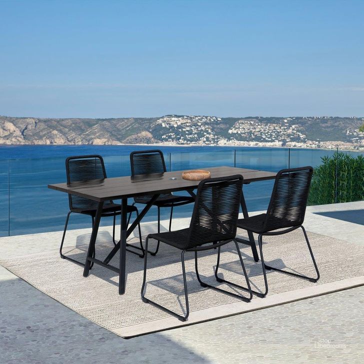 The appearance of Koala And Shasta 5 Piece Dining Set In Dark Eucalyptus And Metal With Black Rope designed by Armen Living in the modern / contemporary interior design. This black piece of furniture  was selected by 1StopBedrooms from Koala and Shasta Collection to add a touch of cosiness and style into your home. Sku: 840254332362. Table Base Style: Double Pedestal. Material: Wood. Product Type: Outdoor Dining Set. Image1