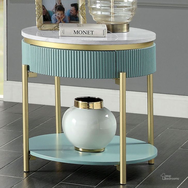 The appearance of Koblenz End Table In Light Teal designed by Furniture of America in the glam interior design. This light teal piece of furniture  was selected by 1StopBedrooms from Koblenz Collection to add a touch of cosiness and style into your home. Sku: CM4412GR-E. Material: Metal. Product Type: End Table. Image1