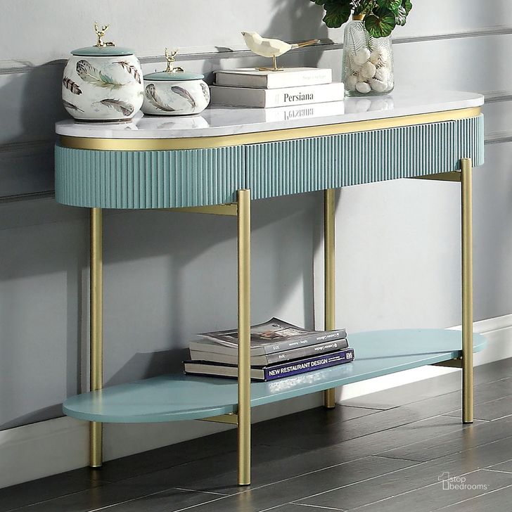 The appearance of Koblenz Sofa Table In Light Teal designed by Furniture of America in the glam interior design. This light teal piece of furniture  was selected by 1StopBedrooms from Koblenz Collection to add a touch of cosiness and style into your home. Sku: CM4412GR-S. Material: Metal. Product Type: Sofa Table. Image1