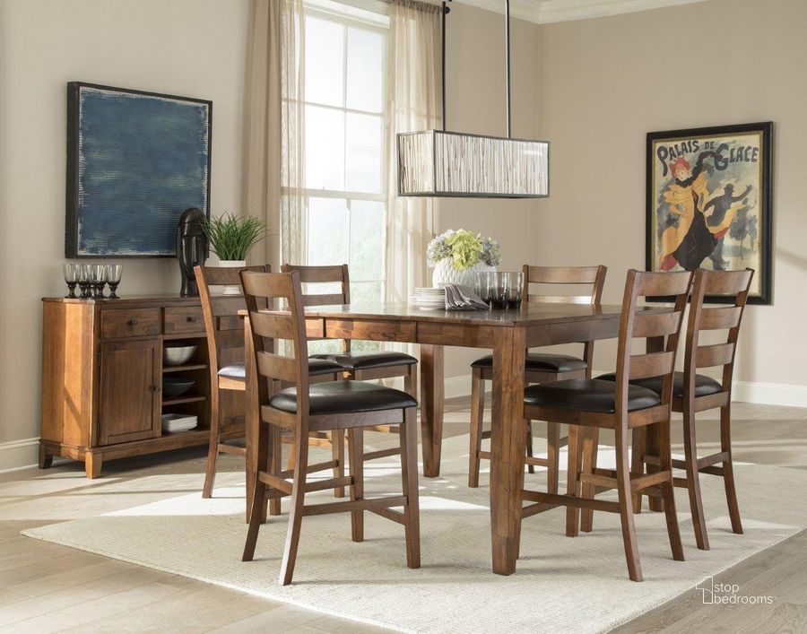 The appearance of Kona Brandy Extendable Gathering Height Dining Room Set designed by Intercon in the transitional interior design. This brown piece of furniture  was selected by 1StopBedrooms from Kona Collection to add a touch of cosiness and style into your home. Sku: KA-TA-5454G-BDY-C;KA-BS-669L-RAI-C24. Table Base Style: Legs. Table Top Shape: Square. Product Type: Dining Room Set. Image1
