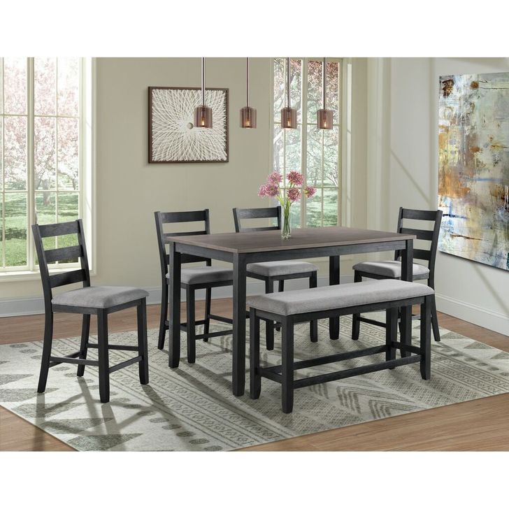 The appearance of Kona Gray And Black 6 Piece Counter Height Dining Room Set designed by Picket House in the transitional interior design. This black and gray piece of furniture  was selected by 1StopBedrooms from Kona Collection to add a touch of cosiness and style into your home. Sku: DMT3006CS. Material: Wood. Product Type: Dining Room Set. Image1