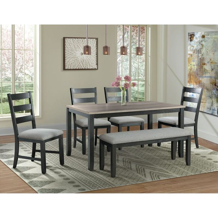 The appearance of Kona Gray And Black 6 Piece Dining Room Set designed by Picket House in the transitional interior design. This black and gray piece of furniture  was selected by 1StopBedrooms from Kona Collection to add a touch of cosiness and style into your home. Sku: DMT3006DS. Material: Wood. Product Type: Dining Room Set. Image1