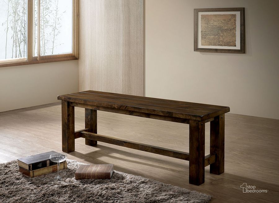 The appearance of Kristen Bench In Rustic Oak designed by Furniture of America in the rustic / southwestern interior design. This rustic oak piece of furniture  was selected by 1StopBedrooms from Kristen Collection to add a touch of cosiness and style into your home. Sku: CM3060BN. Material: Wood. Product Type: Bench. Image1