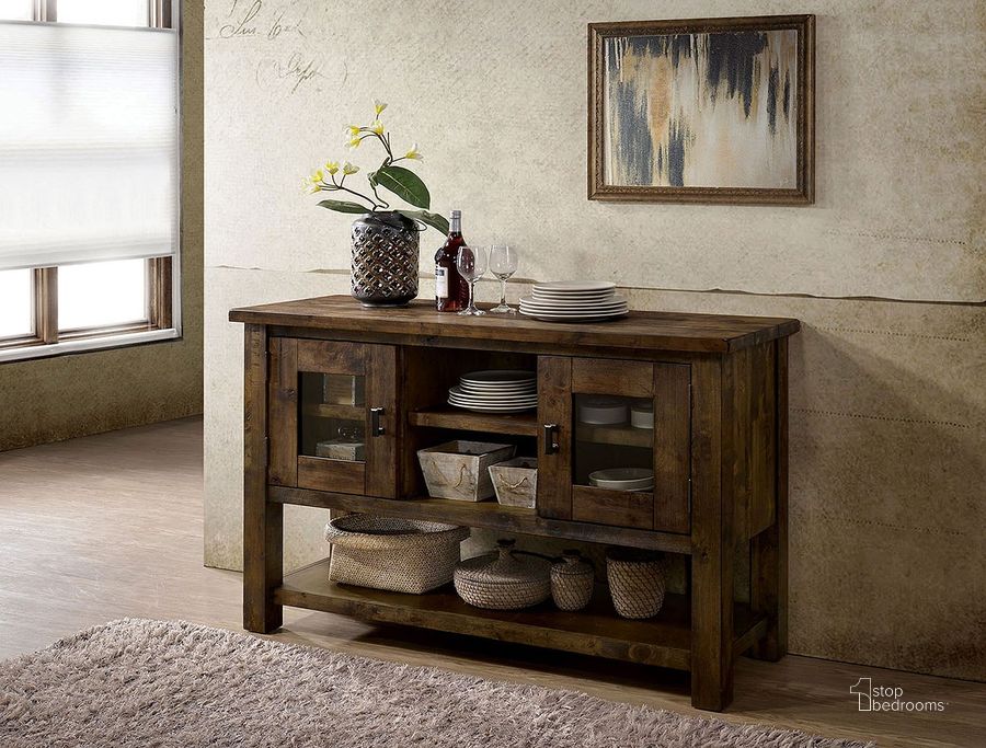 The appearance of Kristen Rustic Oak Server designed by Furniture of America in the transitional interior design. This brown piece of furniture  was selected by 1StopBedrooms from Kristen Collection to add a touch of cosiness and style into your home. Sku: CM3060SV. Material: Wood. Product Type: Buffets, Sideboards and Server. Image1