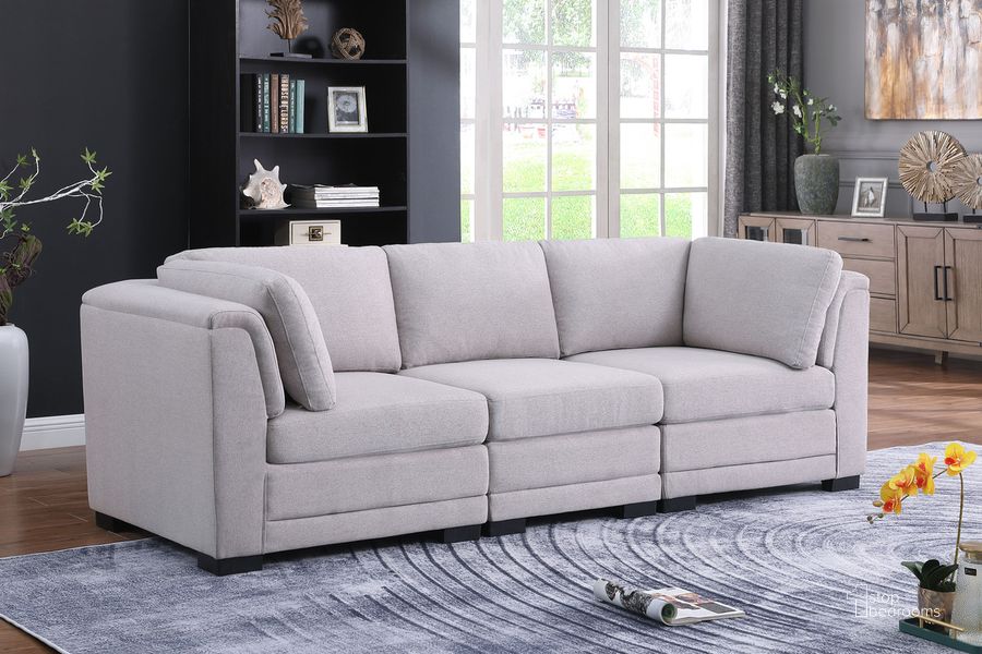 The appearance of Kristin Light Gray Linen Fabric 3-Seater Modular Sofa designed by Lilola Home in the modern / contemporary interior design. This light gray piece of furniture  was selected by 1StopBedrooms from Kristin Collection to add a touch of cosiness and style into your home. Sku: 88020-5. Material: Fabric. Product Type: Sofa. Image1