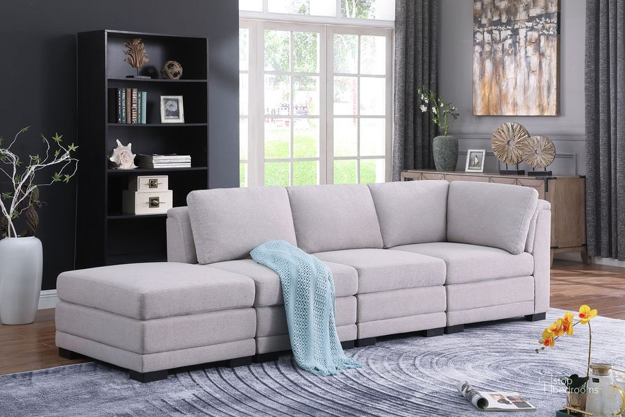 The appearance of Kristin Light Gray Linen Fabric Reversible Sofa With Ottoman 88020-7B designed by Lilola Home in the modern / contemporary interior design. This light gray piece of furniture  was selected by 1StopBedrooms from Kristin Collection to add a touch of cosiness and style into your home. Sku: 88020-7B. Material: Fabric. Product Type: Sofa. Image1