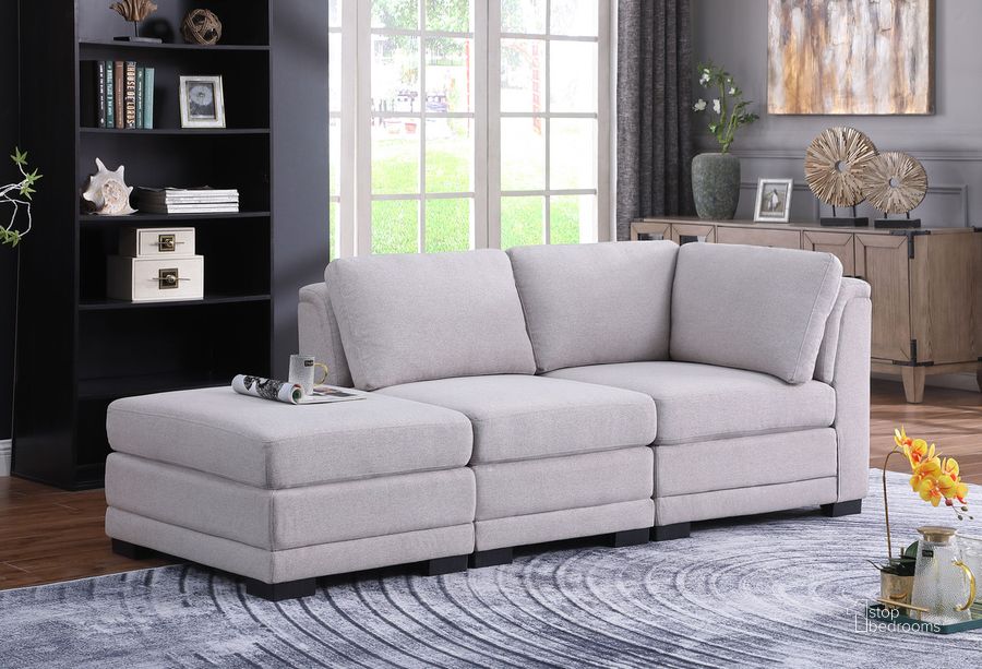 The appearance of Kristin Light Gray Linen Fabric Reversible Sofa With Ottoman 88020-8B designed by Lilola Home in the modern / contemporary interior design. This light gray piece of furniture  was selected by 1StopBedrooms from Kristin Collection to add a touch of cosiness and style into your home. Sku: 88020-8B. Material: Fabric. Product Type: Sofa. Image1
