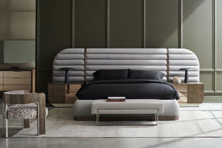 The appearance of La Moda Grey And Sepia Wall Panel King Upholstered Platform Bed designed by Caracole in the transitional interior design. This gray piece of furniture  was selected by 1StopBedrooms from La Moda Collection to add a touch of cosiness and style into your home. Sku: M133-421-121H;M133-421-121F;M133-421-121R;M133-421-121P. Bed Type: Platform Bed. Product Type: Platform Bed. Bed Size: King. Image1