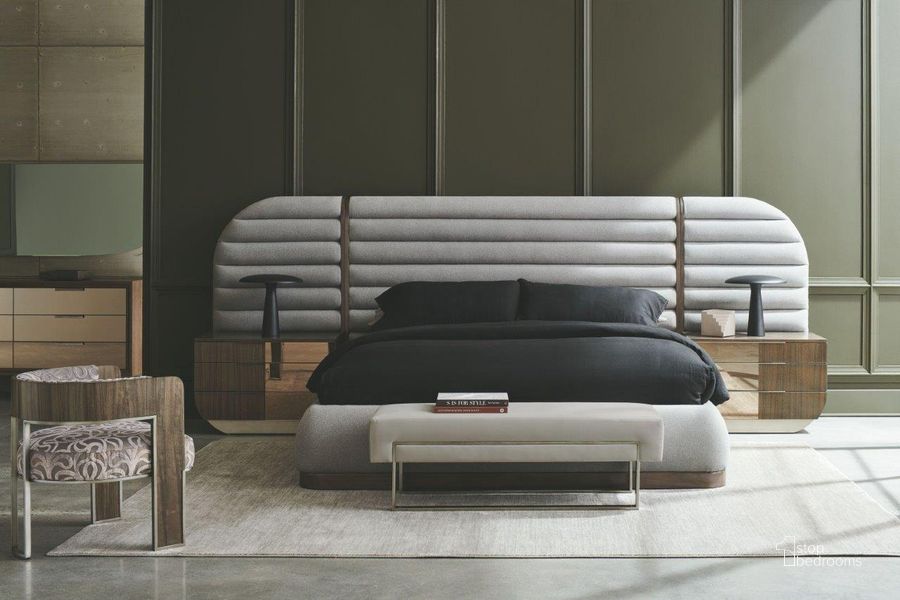 The appearance of La Moda Grey And Sepia Wall Panel Upholstered Platform Bedroom Set designed by Caracole in the transitional interior design. This gray piece of furniture  was selected by 1StopBedrooms from La Moda Collection to add a touch of cosiness and style into your home. Sku: M133-421-101H;M133-421-101F;M133-421-101R;M133-421-121P;M133-421-064. Bed Type: Platform Bed. Material: Wood. Product Type: Platform Bed. Image1