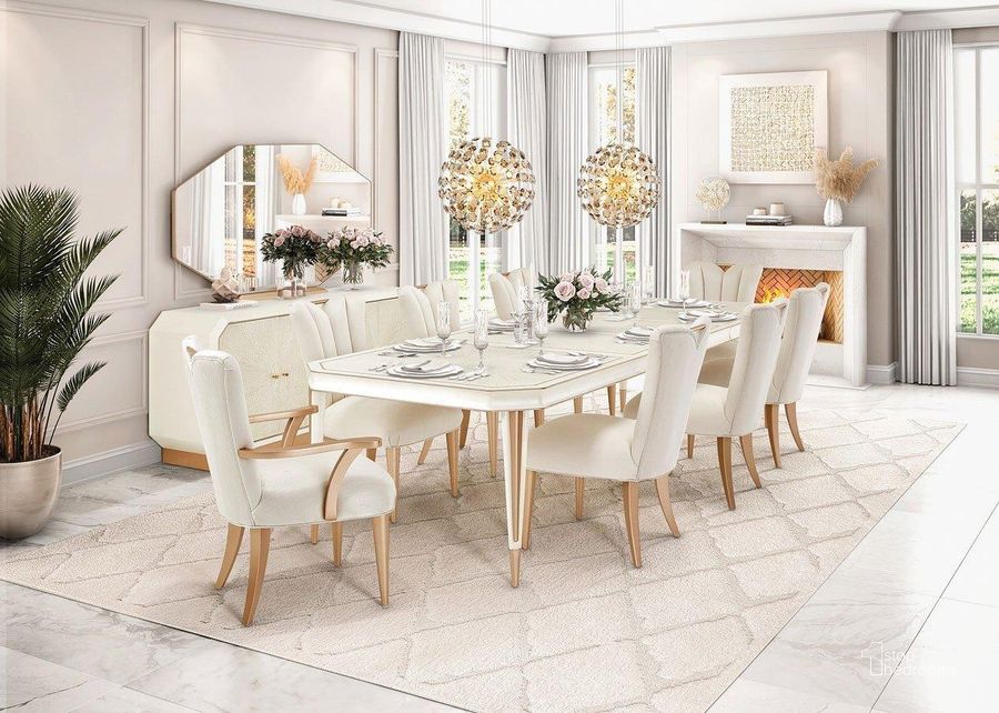 The appearance of La Rachelle Rectangular Dining Room Set designed by AICO in the modern / contemporary interior design. This champagne piece of furniture  was selected by 1StopBedrooms from La Rachelle Collection to add a touch of cosiness and style into your home. Sku: 9034000-136;9034003-136. Table Base Style: Legs. Material: Wood. Product Type: Dining Room Set. Table Top Shape: Rectangular. Size: 128". Image1