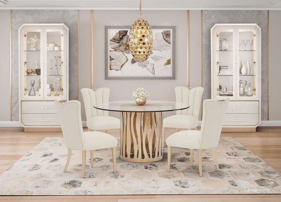 The appearance of La Rachelle Round Dining Room Set designed by AICO in the modern / contemporary interior design. This chardonnay piece of furniture  was selected by 1StopBedrooms from La Rachelle Collection to add a touch of cosiness and style into your home. Sku: 9034001-822;GL54CF;9034003-136. Table Base Style: Pedestal. Table Top Shape: Round. Material: Wood. Product Type: Dining Room Set. Size: 54". Image1