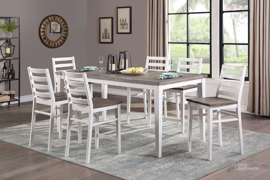 The appearance of La Sierra Grey And White Extendable Counter Height Dining Room Set designed by ECI in the transitional interior design. This gray and white piece of furniture  was selected by 1StopBedrooms from La Sierra Collection to add a touch of cosiness and style into your home. Sku: 1164-22-CLT;1164-22-CS1. Table Base Style: Legs. Material: Wood. Product Type: Dining Room Set. Table Top Shape: Rectangular. Image1