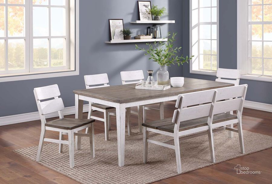 The appearance of La Sierra Grey And White Leg Extendable Dining Room Set designed by ECI in the transitional interior design. This gray and white piece of furniture  was selected by 1StopBedrooms from La Sierra Collection to add a touch of cosiness and style into your home. Sku: 1164-22-LT;1164-22-S1. Table Base Style: Legs. Material: Wood. Product Type: Dining Room Set. Table Top Shape: Rectangular. Image1