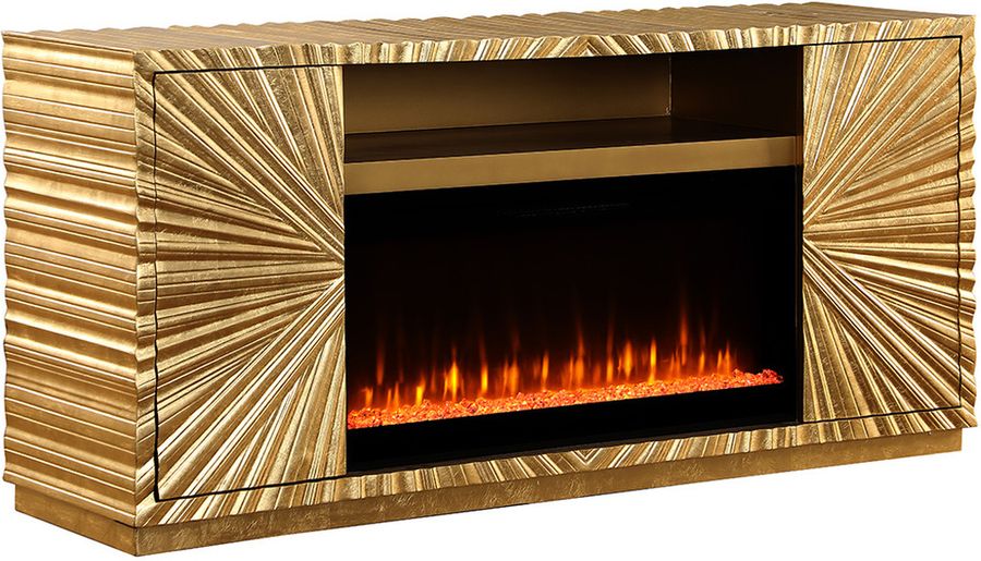 The appearance of Lacy Freestanding Infrared Electric Fireplace TV Stand In Gold designed by Best Master Furniture in the modern / contemporary interior design. This gold piece of furniture  was selected by 1StopBedrooms from Lacy Collection to add a touch of cosiness and style into your home. Sku: T2021GF. Material: Wood. Product Type: TV Stand. Image1