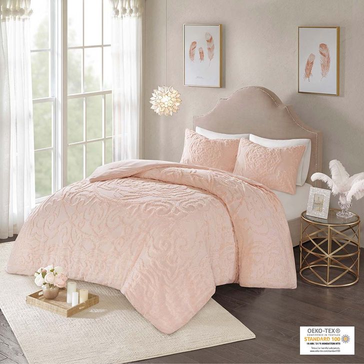 The appearance of Laetitia Cotton Tufted Chenille Queen Comforter Set In Blush designed by Olliix in the modern / contemporary interior design. This blush piece of furniture  was selected by 1StopBedrooms from Laetitia Collection to add a touch of cosiness and style into your home. Sku: MP10-5877. Material: Polyester. Bed Size: Queen. Product Type: Comforter Set. Image1