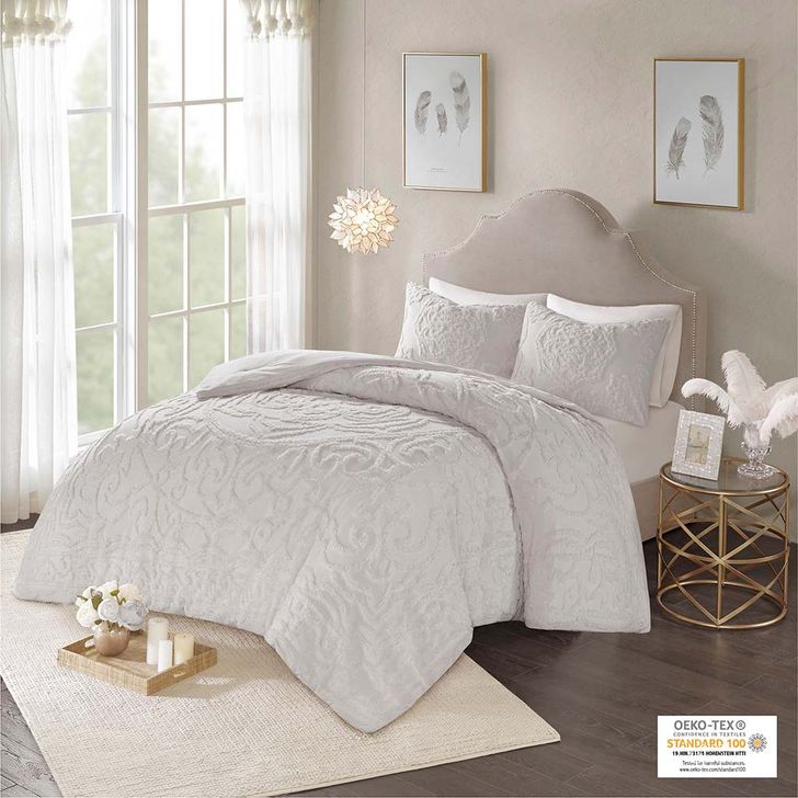 The appearance of Laetitia Cotton Tufted Chenille Queen Comforter Set In Grey designed by Olliix in the modern / contemporary interior design. This grey piece of furniture  was selected by 1StopBedrooms from Laetitia Collection to add a touch of cosiness and style into your home. Sku: MP10-5881. Material: Polyester. Bed Size: Queen. Product Type: Comforter Set. Image1
