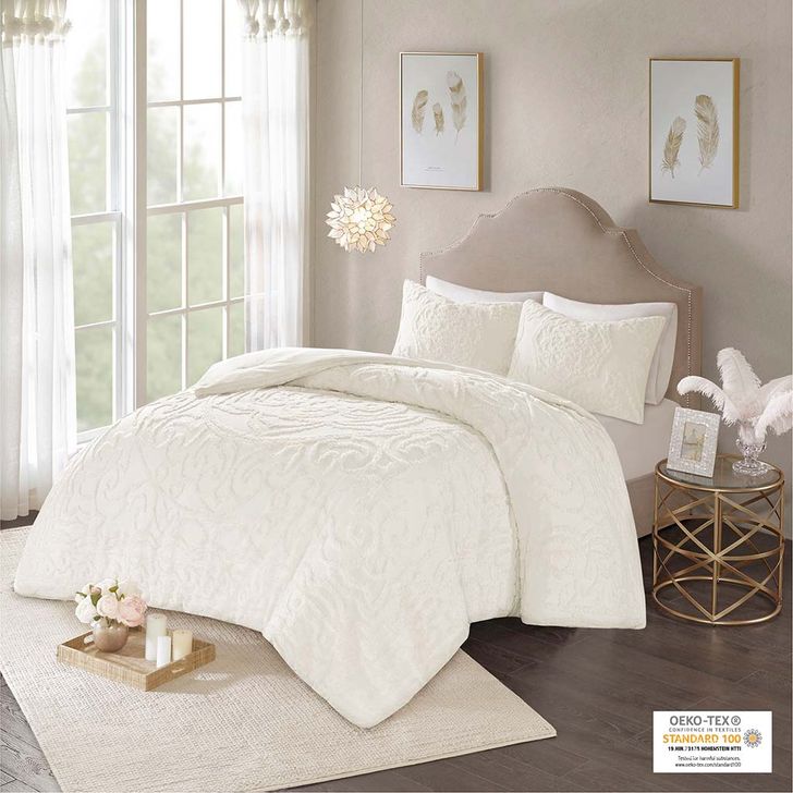 The appearance of Laetitia Cotton Tufted Chenille King Comforter Set In Off White designed by Olliix in the modern / contemporary interior design. This off white piece of furniture  was selected by 1StopBedrooms from Laetitia Collection to add a touch of cosiness and style into your home. Sku: MP10-5874. Material: Polyester. Bed Size: King. Product Type: Comforter Set. Image1