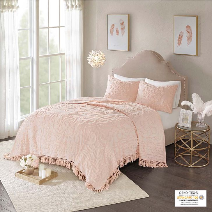 The appearance of Laetitia Cotton Tufted Chenille Queen Coverlet Set In Blush designed by Olliix in the modern / contemporary interior design. This blush piece of furniture  was selected by 1StopBedrooms from Laetitia Collection to add a touch of cosiness and style into your home. Sku: MP13-5879. Bed Size: Queen. Material: Cotton. Product Type: Coverlet Set. Image1