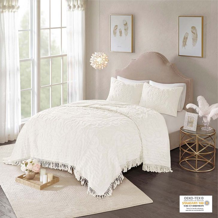 The appearance of Laetitia Cotton Tufted Chenille King Coverlet Set In Off White designed by Olliix in the modern / contemporary interior design. This off white piece of furniture  was selected by 1StopBedrooms from Laetitia Collection to add a touch of cosiness and style into your home. Sku: MP13-5876. Bed Size: King. Material: Cotton. Product Type: Coverlet Set. Image1