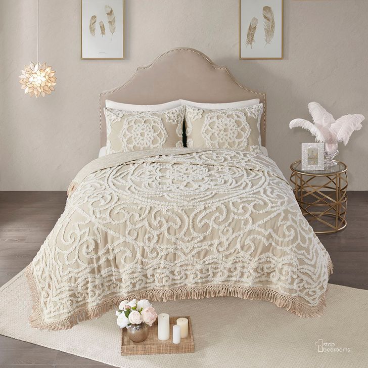 The appearance of Laetitia Cotton Tufted Queen Coverlet Set In Taupe designed by Olliix in the modern / contemporary interior design. This taupe piece of furniture  was selected by 1StopBedrooms from Laetitia Collection to add a touch of cosiness and style into your home. Sku: MP13-7118. Bed Size: Queen. Material: Cotton. Product Type: Coverlet Set. Image1
