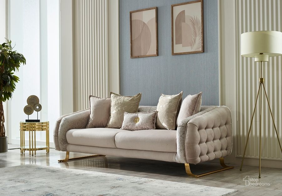 The appearance of Laguna 3 Seat Sofa In Cream designed by Furnia in the  interior design. This cream piece of furniture  was selected by 1StopBedrooms from Laguna Collection to add a touch of cosiness and style into your home. Sku: 101-LAG-SIE20-3. Material: Wood. Product Type: Sofa. Image1
