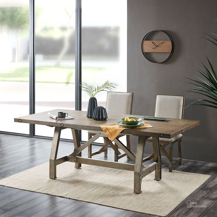 The appearance of Lancaster Dining Table In Grey/Silver designed by Olliix in the industrial interior design. This grey/silver piece of furniture  was selected by 1StopBedrooms from Lancaster Collection to add a touch of cosiness and style into your home. Sku: II121-0433. Table Base Style: Trestle. Material: Wood. Product Type: Dining Table. Table Top Shape: Rectangular. Size: 84". Image1