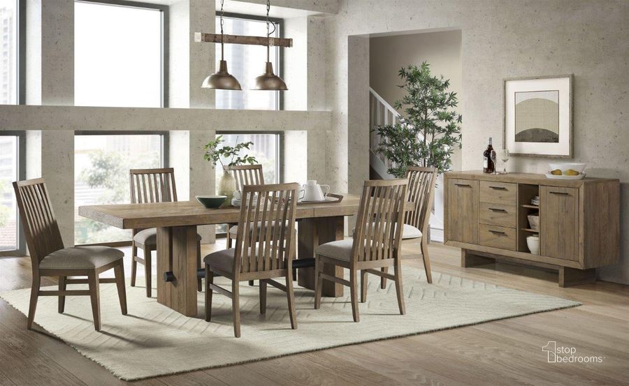 The appearance of Landmark Dining Weathered Oak Extendable Trestle Dining Room Set designed by Intercon in the transitional interior design. This brown piece of furniture  was selected by 1StopBedrooms from Landmark Dining Collection to add a touch of cosiness and style into your home. Sku: LM-TA-4296-WOA-TOP;LM-TA-4296-WOA-BSE;LM-CH-1189C-WOA-RTA. Table Base Style: Trestle. Product Type: Dining Room Set. Table Top Shape: Rectangular. Image1