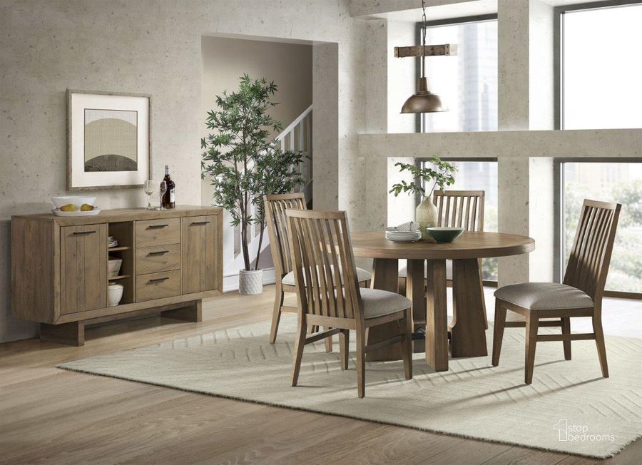 The appearance of Landmark Dining Weathered Oak Round Dining Room Set designed by Intercon in the transitional interior design. This brown piece of furniture  was selected by 1StopBedrooms from Landmark Dining Collection to add a touch of cosiness and style into your home. Sku: LM-TA-5454-WOA-TOP;LM-TA-5454-WOA-BSE;LM-CH-1189C-WOA-RTA. Table Base Style: Pedestal. Table Top Shape: Round. Product Type: Dining Room Set. Image1