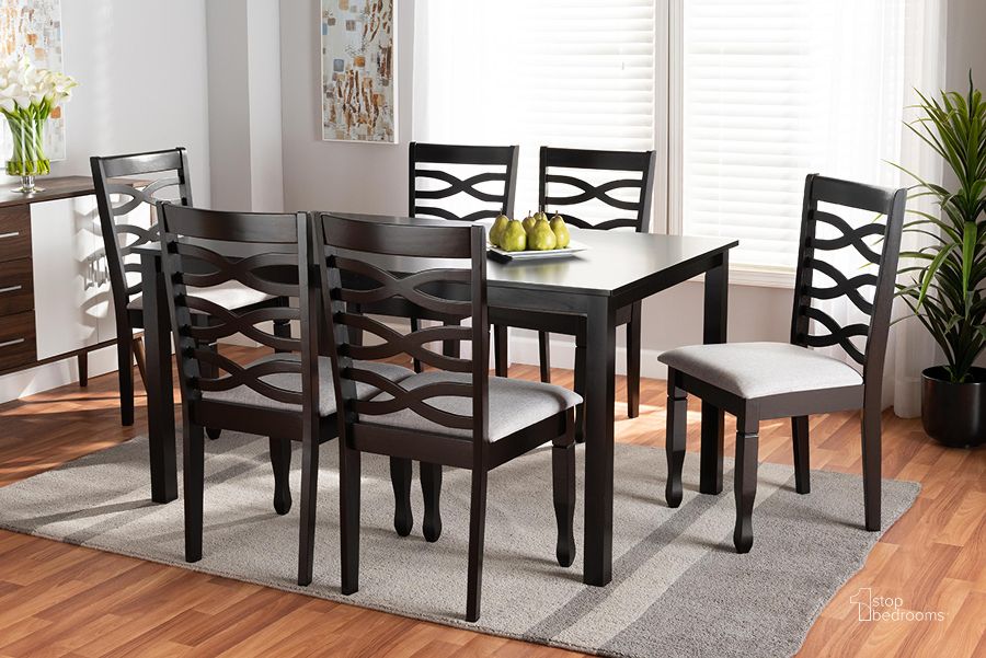 The appearance of Lanier Modern and Contemporary Grey Fabric Upholstered and Dark Brown Finished Wood 7-Piece Dining Set designed by Baxton Studio in the modern / contemporary interior design. This dark brown piece of furniture  was selected by 1StopBedrooms from Lanier Collection to add a touch of cosiness and style into your home. Sku: RH318C-Grey/Dark Brown-7PC Dining Set. Material: Wood. Product Type: Dining Room Set. Image1