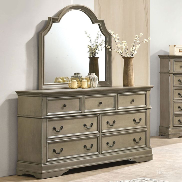 The appearance of Lasthenia Dresser In Antique Warm Gray designed by Furniture of America in the transitional interior design. This antique warm gray piece of furniture  was selected by 1StopBedrooms from Lasthenia Collection to add a touch of cosiness and style into your home. Sku: CM7181D. Material: Wood. Product Type: Dresser. Image1