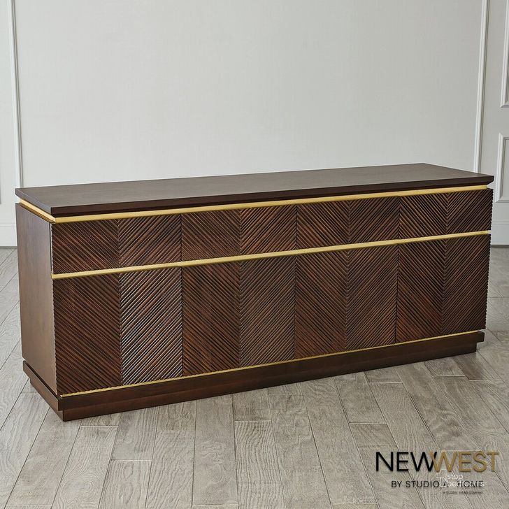 The appearance of Latilla Credenza In Brown designed by Global Views in the modern / contemporary interior design. This brown piece of furniture  was selected by 1StopBedrooms from Latilla Collection to add a touch of cosiness and style into your home. Sku: NW7.90020. Product Type: Credenza. Material: Brass. Image1