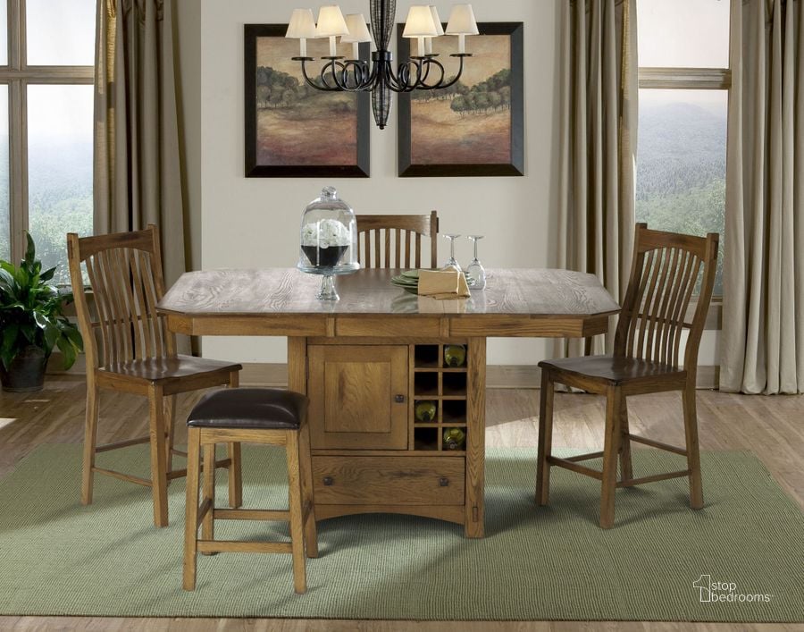 The appearance of Laurelhurst 66" Rustic Oak Extendable Rectangular Counter Height Dining Room Set designed by A-America in the transitional interior design. This brown piece of furniture  was selected by 1StopBedrooms from Laurelhurst Collection to add a touch of cosiness and style into your home. Sku: LAURO677B;LAURO677T;LAURO3752. Table Base Style: Pedestal. Material: Wood. Product Type: Dining Room Set. Table Top Shape: Rectangular. Image1