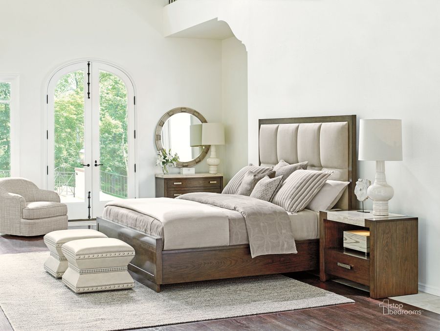 The appearance of Laurel Canyon Brown and Light Hazelnut Casa Del Mar Upholstered Panel Bedroom Set designed by Lexington in the modern / contemporary interior design. This brown and beige piece of furniture  was selected by 1StopBedrooms from Laurel Canyon Collection to add a touch of cosiness and style into your home. Sku: 01-0721-133C;01-0721-621. Material: Wood. Product Type: Panel Bed. Bed Size: Queen. Image1