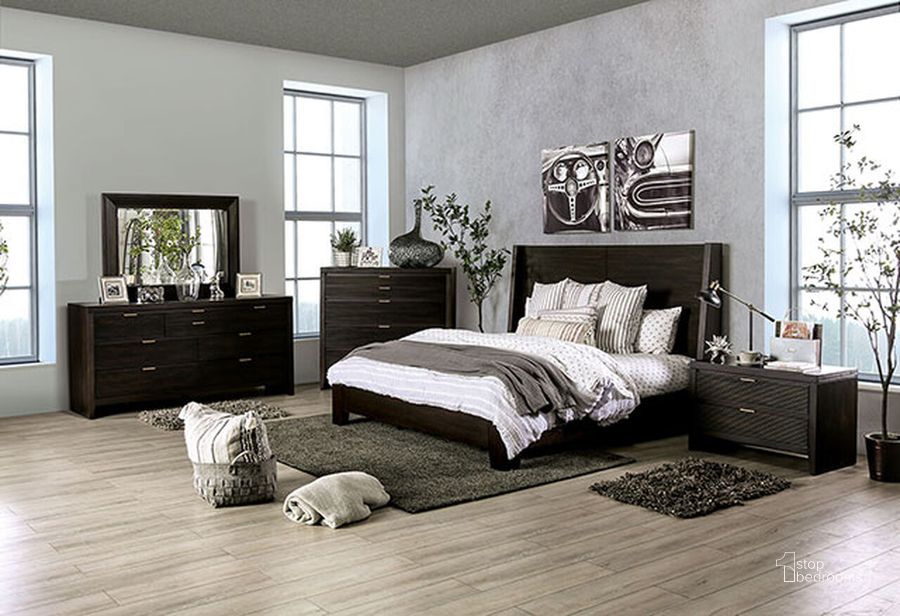 The appearance of Laurentian Eastern King Bed In Dark Walnut designed by Furniture of America in the modern / contemporary interior design. This dark walnut piece of furniture  was selected by 1StopBedrooms from Laurentian Collection to add a touch of cosiness and style into your home. Sku: FOA7514EK-HB;FOA7514EK-FB;FOA7514EK-R. Bed Type: Panel Bed. Material: Wood. Product Type: Panel Bed. Bed Size: King. Image1