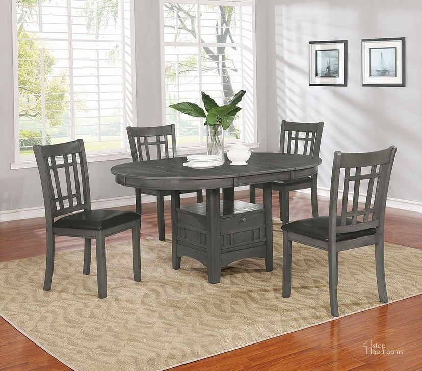 The appearance of Lavon Dining Room Set (Grey) designed by Coaster in the transitional interior design. This grey piece of furniture  was selected by 1StopBedrooms from Lavon Collection to add a touch of cosiness and style into your home. Sku: 108211;108212. Table Base Style: Pedestal. Table Top Shape: Oval. Product Type: Dining Room Set. Material: MDF. Image1
