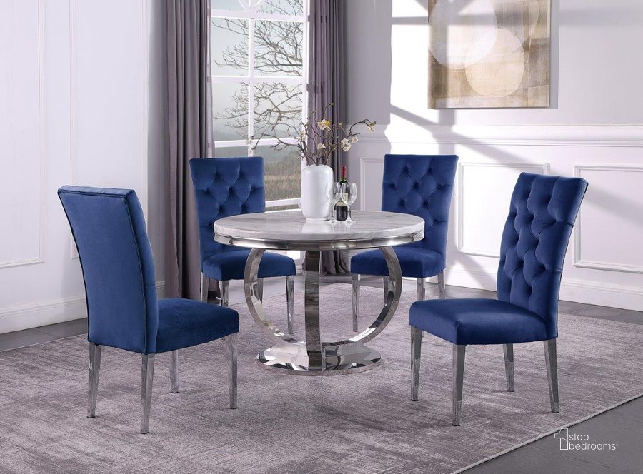 The appearance of Layla 5 Piece Modern Faux Marble Round Dining Set In Blue designed by Best Master Furniture in the transitional interior design. This blue piece of furniture  was selected by 1StopBedrooms from Layla Collection to add a touch of cosiness and style into your home. Sku: LX02BL5. Material: Marble. Product Type: Dining Room Set.
