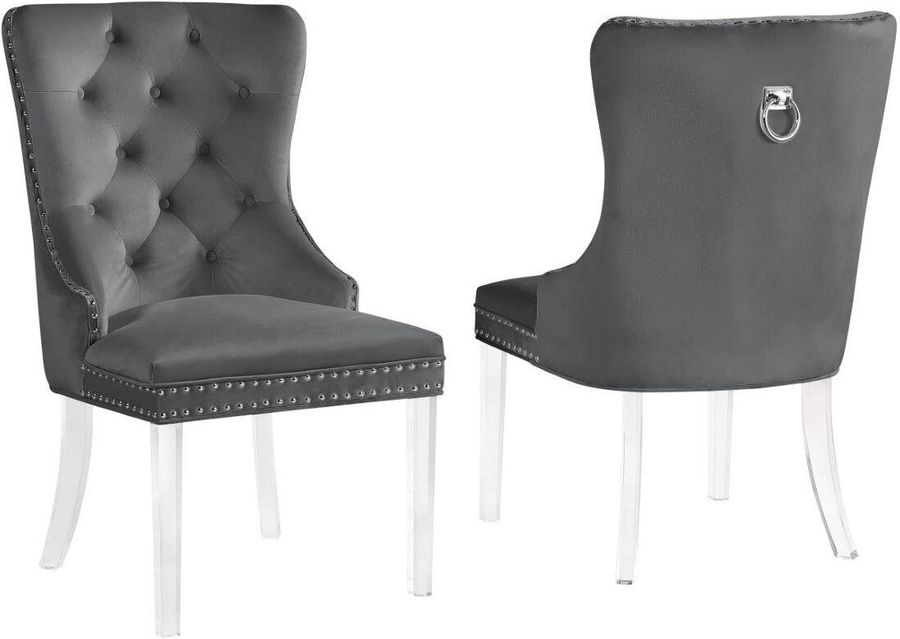The appearance of Leah Gray Tufted Velvet With Acrylic Leg Dining Chair Set of 2 designed by Best Master Furniture in the modern / contemporary interior design. This gray piece of furniture  was selected by 1StopBedrooms from Leah Collection to add a touch of cosiness and style into your home. Sku: LX904GC. Product Type: Dining Chair. Material: Velvet. Image1