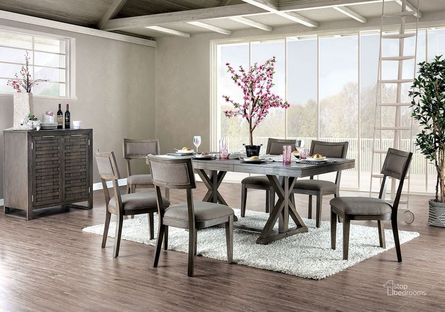 The appearance of Leeds Dining Table In Gray designed by Furniture of America in the rustic / southwestern interior design. This gray piece of furniture  was selected by 1StopBedrooms from Leeds Collection to add a touch of cosiness and style into your home. Sku: CM3387T-1;CM3387T-2. Table Base Style: Trestle. Material: Wood. Product Type: Dining Table. Table Top Shape: Rectangular. Size: 40". Image1