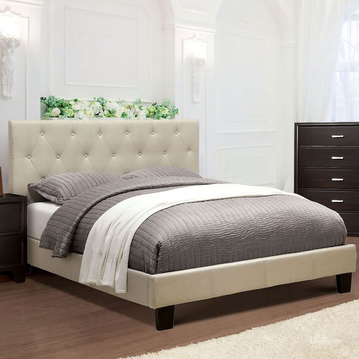 The appearance of Leeroy California King Bed In Ivory designed by Furniture of America in the transitional interior design. This ivory piece of furniture  was selected by 1StopBedrooms from Leeroy Collection to add a touch of cosiness and style into your home. Sku: CM7200IV-CK-HB-VN;CM7200IV-CK-FBR-VN. Bed Type: Platform Bed. Material: Wood. Product Type: Platform Bed. Bed Size: California King. Image1