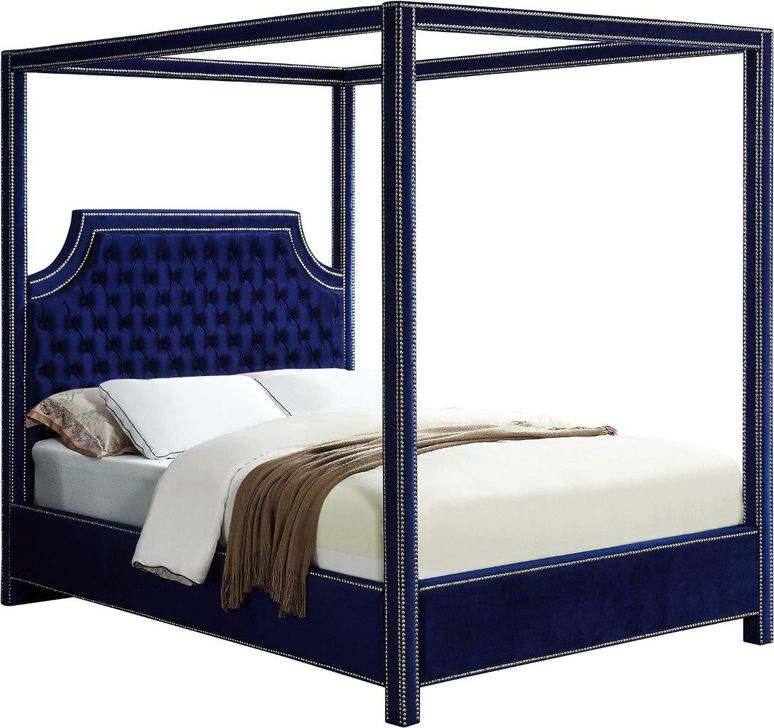 The appearance of Lefteris Navy Velvet King Canopy Bed designed by Furnique in the modern / contemporary interior design. This navy velvet piece of furniture  was selected by 1StopBedrooms from Lefteris Collection to add a touch of cosiness and style into your home. Sku: RowanNavy-K-1;RowanNavy-K-2;RowanNavy-K-3. Product Type: Bed. Bed Size: King. Material: Velvet. Image1
