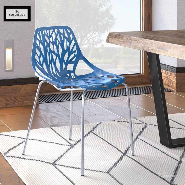 The appearance of LeisureMod Asbury Blue Dining Chair with Chromed Legs designed by LeisureMod in the modern / contemporary interior design. This blue piece of furniture  was selected by 1StopBedrooms from Asbury Collection to add a touch of cosiness and style into your home. Sku: AC16BU. Material: Polypropylene. Product Type: Dining Chair. Image1