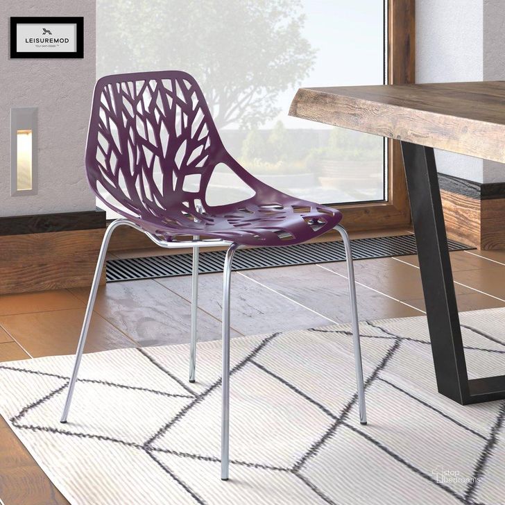 The appearance of LeisureMod Asbury Purple Plastic Dining Chair With Chromed Legs designed by LeisureMod in the modern / contemporary interior design. This purple piece of furniture  was selected by 1StopBedrooms from Asbury Collection to add a touch of cosiness and style into your home. Sku: AC16PR. Material: Polypropylene. Product Type: Dining Chair. Image1