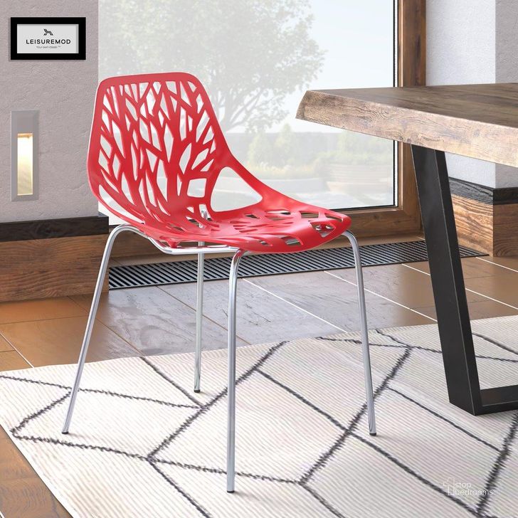 The appearance of LeisureMod Asbury Red Dining Chair with Chromed Legs designed by LeisureMod in the modern / contemporary interior design. This red piece of furniture  was selected by 1StopBedrooms from Asbury Collection to add a touch of cosiness and style into your home. Sku: AC16R. Material: Polypropylene. Product Type: Dining Chair. Image1