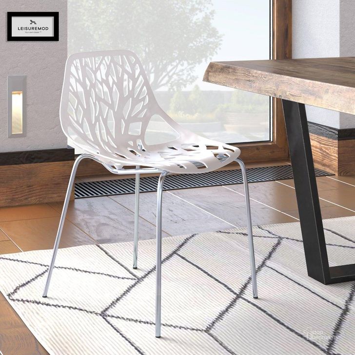 The appearance of LeisureMod Asbury White Dining Chair with Chromed Legs designed by LeisureMod in the modern / contemporary interior design. This white piece of furniture  was selected by 1StopBedrooms from Asbury Collection to add a touch of cosiness and style into your home. Sku: AC16W. Material: Polypropylene. Product Type: Dining Chair. Image1