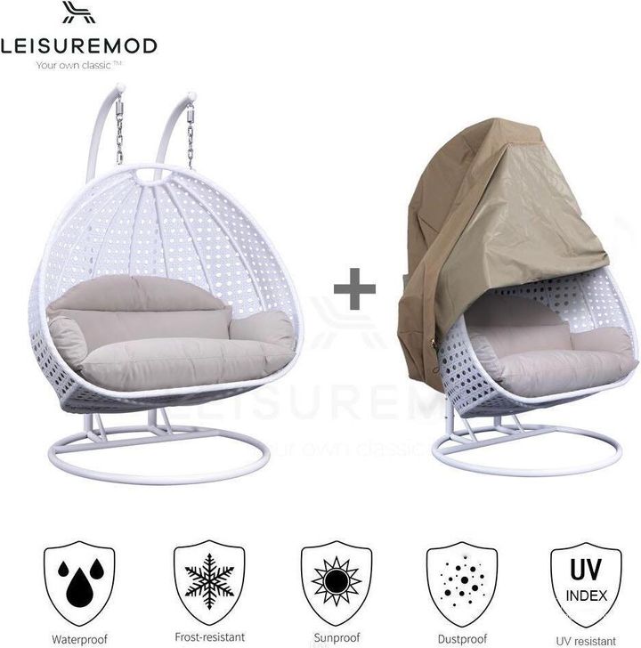 The appearance of LeisureMod Beige Wicker Hanging 2 person Egg Swing Chair With Outdoor Cover designed by LeisureMod in the modern / contemporary interior design. This beige/white piece of furniture  was selected by 1StopBedrooms from  to add a touch of cosiness and style into your home. Sku: ESC57WBG-C. Product Type: Outdoor Chair. Material: Wicker. Image1