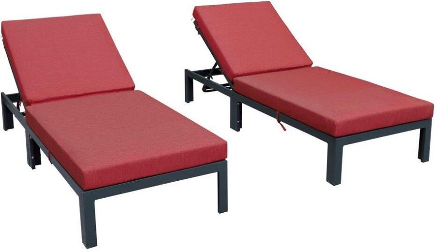 The appearance of LeisureMod Chelsea Modern Red Outdoor Chaise Lounge Chair With Cushions Set of 2 designed by LeisureMod in the modern / contemporary interior design. This red piece of furniture  was selected by 1StopBedrooms from Chelsea Collection to add a touch of cosiness and style into your home. Sku: CLBL-77R2. Material: Aluminum. Product Type: Outdoor Chair. Image1
