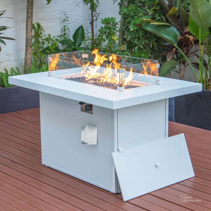 The appearance of Leisuremod Chelsea Patio Modern Aluminum Propane Fire Pit Table In White designed by LeisureMod in the modern / contemporary interior design. This white piece of furniture  was selected by 1StopBedrooms from Chelsea Collection to add a touch of cosiness and style into your home. Sku: CF44G-W. Material: Aluminum. Product Type: Outdoor Table. Image1