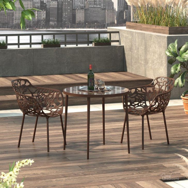The appearance of Leisuremod Devon Tree Design Glass Top Aluminum Base Indoor Outdoor Bistro Dining Table DT31BR designed by LeisureMod in the modern / contemporary interior design. This brown piece of furniture  was selected by 1StopBedrooms from Devon Collection to add a touch of cosiness and style into your home. Sku: DT31BR. Material: Aluminum. Product Type: Outdoor Table. Size: 31". Image1